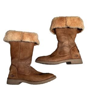 UGG Australia Womens 7 Leather Boots Side Zipper Shearling Suede Tan Fold Over
